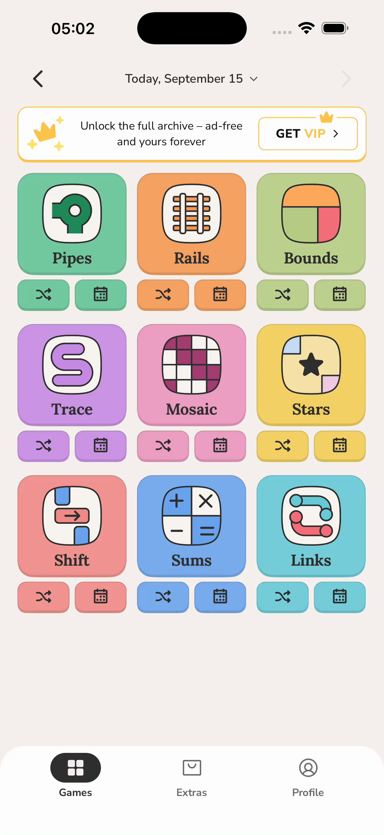 Tiny Break’s home screen with nine daily puzzle games.